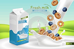 Milk and cereals Vector realistic with splash. Product placement mock up. Label design. Splash milk backgrounds