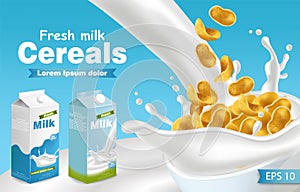 Milk and cereals Vector realistic with splash. Product placement mock up. Label design. Splash milk backgrounds