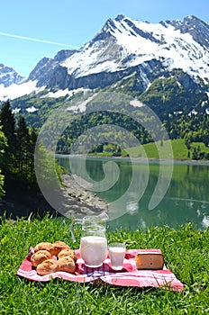 Milk, cheese and bread served at a