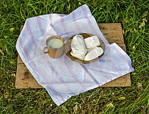 Milk and cheese on the grass