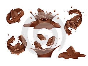 Milk chocolate bar, choco splash. Dark cocoa pieces in motion, cake logo 3d isolated elements, hot melt or shake liquid