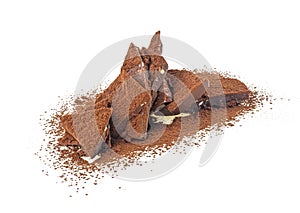 Milk chocolate bar with cocoa powder on white background
