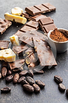 Milk chocolate bars. Dark and white nut chocolate