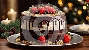 milk chocolate cake with a molten chocolate lava center, sitting on a silver platter decorated with fresh red strawberries and