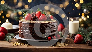 milk chocolate cake with a molten chocolate lava center, sitting on a silver platter decorated with fresh red strawberries and