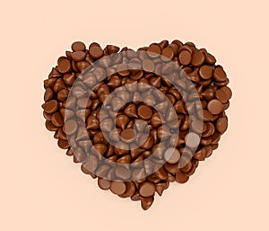 Milk chocolate chips in a heart shape, isolated on a Light background 3d illustration