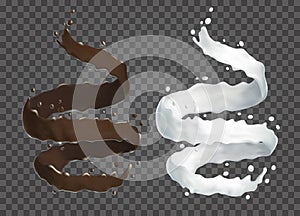 Milk and chocolate flowing. 3d Realistic liquid spiral on transparent background. Natural dairy products vector.