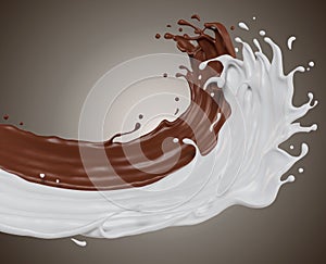 milk and chocolate isolated splashes wave. 3D render illustration