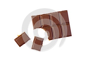 Milk chocolate with milk filling and caramel isolated on white background.