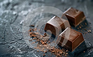 Milk chocolate pieces with cocoa shavings on a textured dark background