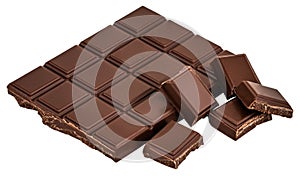 Milk chocolate pieces isolated on white background. With clipping path