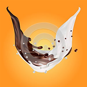 Milk and chocolate splashes vector isolated over orange background. pouring liquid or milkshake falling with drops and