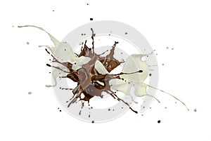 Milk and chocolate streams splashing against each other in white space