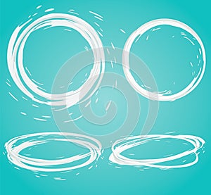 Milk circle splash on blue background. round white cream liquid or yogurt blots set with droplet, drops. top view. 3d