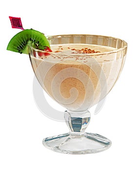 Milk cocktail with kiwi, strawberry and chocolate over white background
