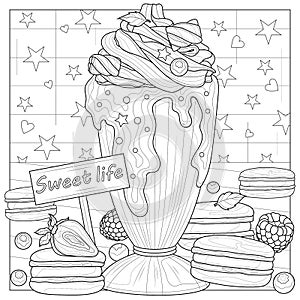 Milk cocktail and macaroon.Coloring book antistress for children and adults photo