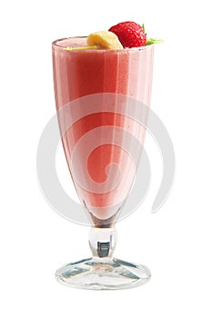 Milk cocktail with strawberry and banana over white background.
