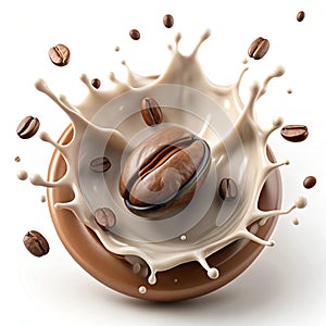 Milk coffee splash with coffee bean falling, 3D illustration