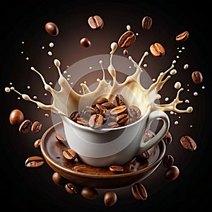 Milk coffee splash with coffee bean falling