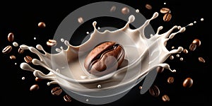Milk coffee splash with coffee bean falling