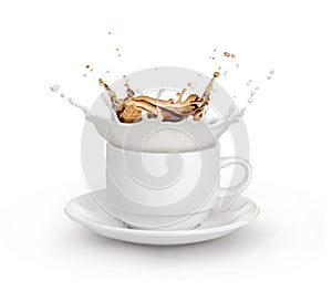 Milk coffee splash in white cup isolated
