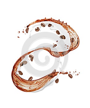 Milk and coffee splashes with coffee beans, isolated on white background