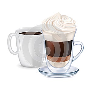 Milk coffee with whipped cream and coffee cup