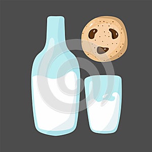 Milk and cookies. Glass and bottle of milk and american oatmeal cookies with chocolate and text. Food and drink. Hand drawn doodle