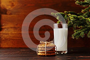 Milk and cookies for Santa Claus under the christmas tree. Concept, copy Space