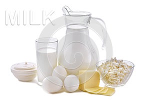 Milk, cottage cheese, sour cream, cheese, butter, eggs, still life from healthy dairy products.