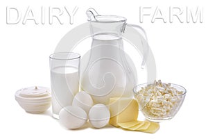 Milk, cottage cheese, sour cream, cheese, butter, eggs, still life from healthy dairy products.