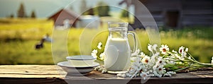 Milk, cottage cheese on table, cows on farm field in blur background. copy space for text