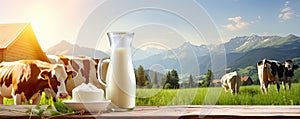 Milk, cottage cheese on table, cows on farm field in blur background. copy space for text
