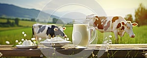 Milk, cottage cheese on table, cows on farm field in blur background. copy space for text
