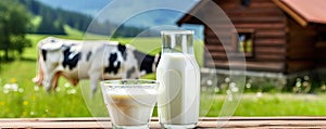 Milk, cottage cheese on table, cows on farm field in blur background. copy space for text