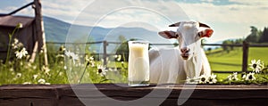 Milk, cottage cheese on table, cows on farm field in blur background. copy space for text