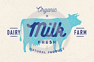 Milk, cow. Logo with cow silhouette, text Milk, Dairy farm