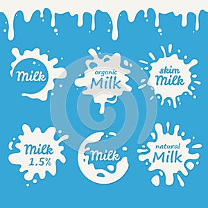 Milk and cream emblems and dairy labels with blots and splashes drops on blue background. Vector logo stains.