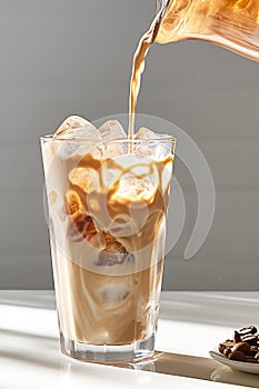 Milk cream is poured into iced cold brew coffee. Generative AI.