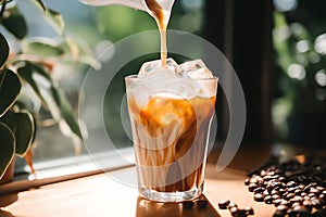 Milk cream is poured into a iced cold brew coffee with morning sun light background