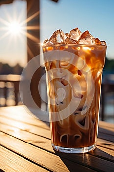 Milk cream is poured into iced cold brew coffee in street cafe on wooden table. Generative AI.