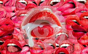 Milk and creamy mouth. Creative art design with sensual lips. Abstract lip artwork. Lips, female mouth texture pattern