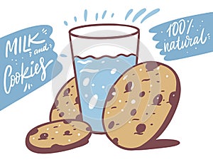 Milk cup and cookies with chocolate. Vector illustration.