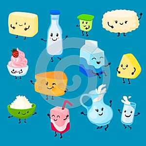 Milk and dairy product cartoon character set of milky cream cheese food vector illustration.