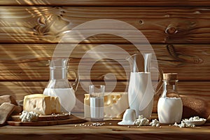 Milk and dairy products beautifully arranged on a rustic wooden backdrop, showcasing natural freshness