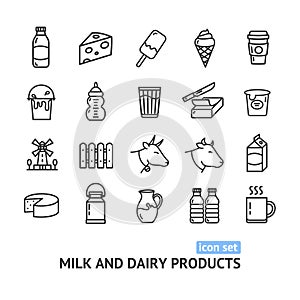 Milk Dairy Products Signs Black Thin Line Icon Set. Vector