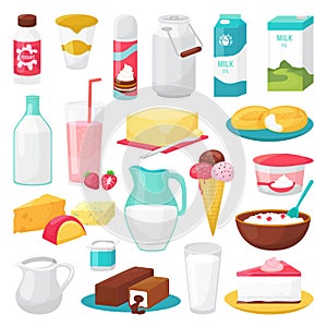 Milk and diary products food isolated on white vector illustrations set. Healthy cheese, milk bottles, ice cream, yohurt