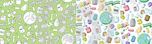 Milk doodle kids hand drawing seamless pattern set editable stroke and marker watercolor, World Milk Day 2022 concept, cartoon