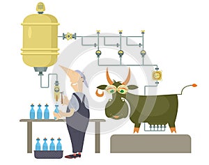 Milk farm, worker and cow illustration