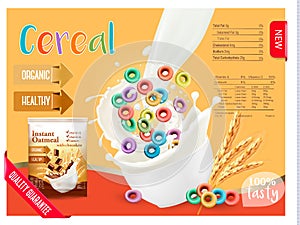Milk flowing into a bowl with cereal. Design element for packaging and advertising. photo
